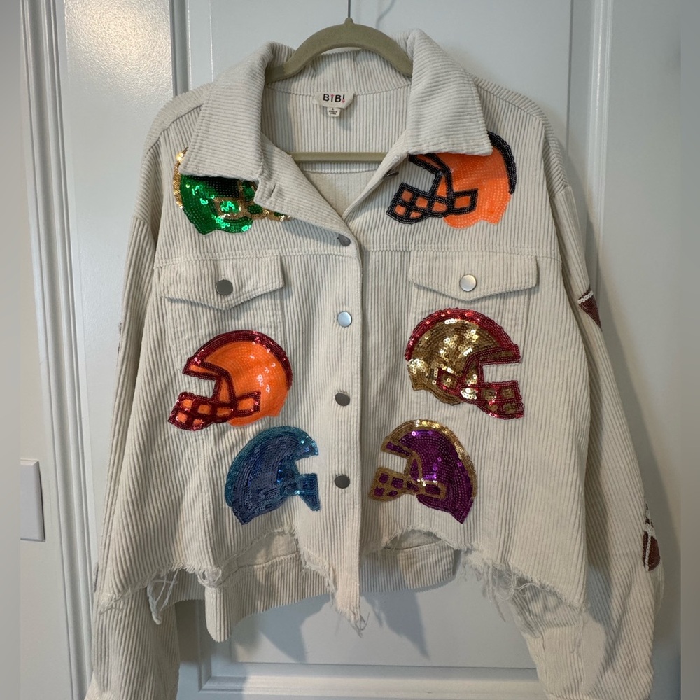 BiBi Corduroy Football Jacket with Sequin Patches- perfect for fall! Size Large